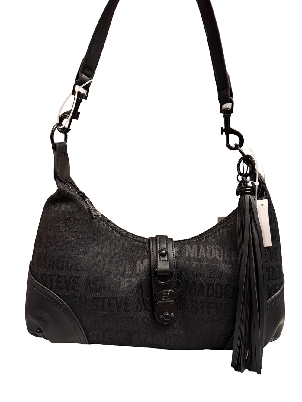 Steve Madden Black Logo Jacquard Shoulder Hobo with Tassel Accent